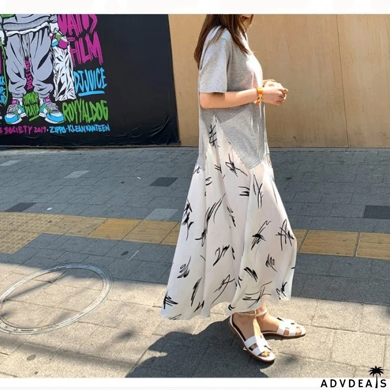 Casual Plus Size Female Stitching Printing Dress for Summer