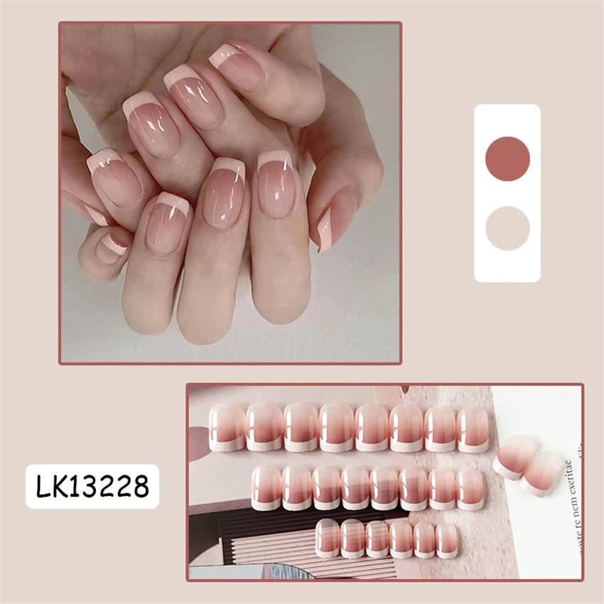 Bayuyun 24Pcs/Set Coffee Leopard French Fake Nails with Diamonds Japan Korean Artificial Acrylic Press on Nails Removable Stick on Nails