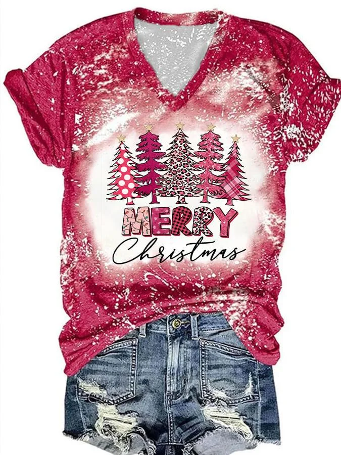 Women's Christmas Tree Print V-Neck Christmas T-Shirt