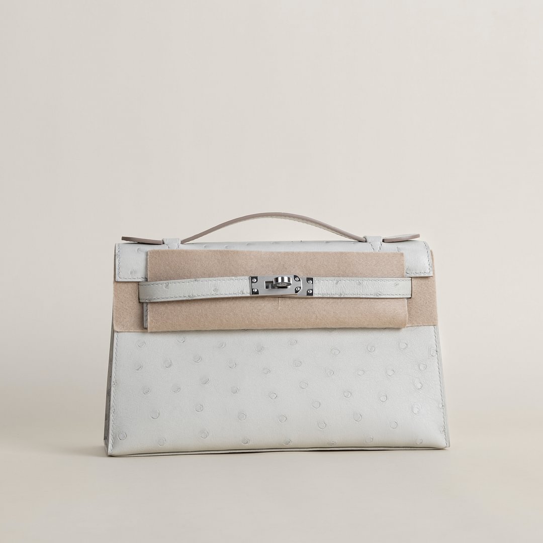 Kelly pochette Ostrich 80 Pearl gray PHW