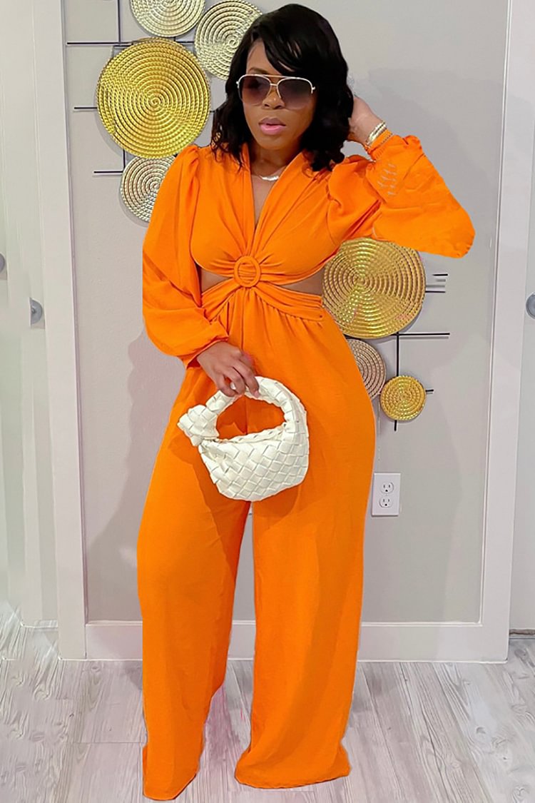 Cut Out V Neck Long Bell Sleeve Backless Wide Leg Jumpsuit