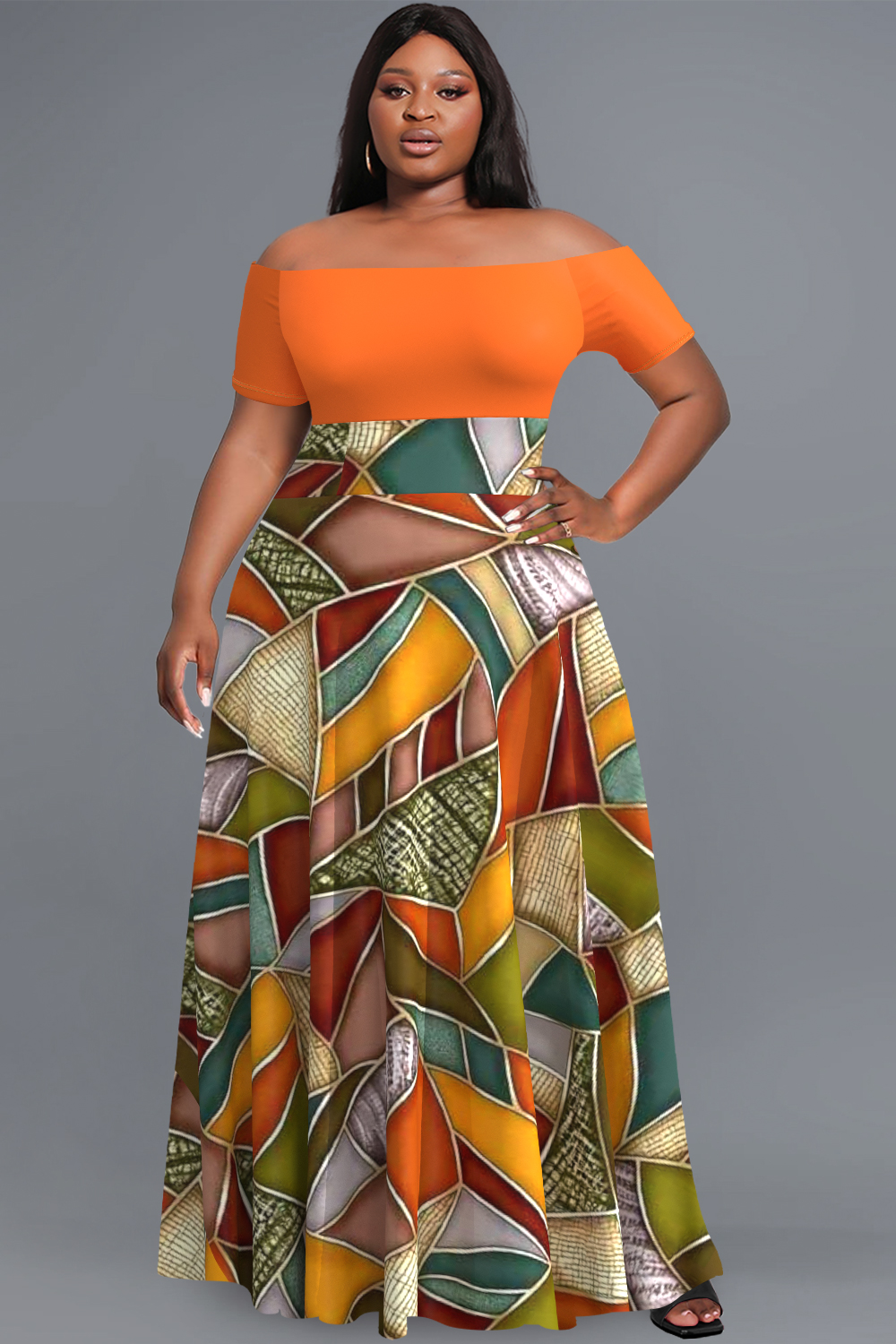 Design Plus Size Casual Orange Colorblock Print Off The Shoulder Short Sleeve Contrast Maxi Dress [Pre-Order]