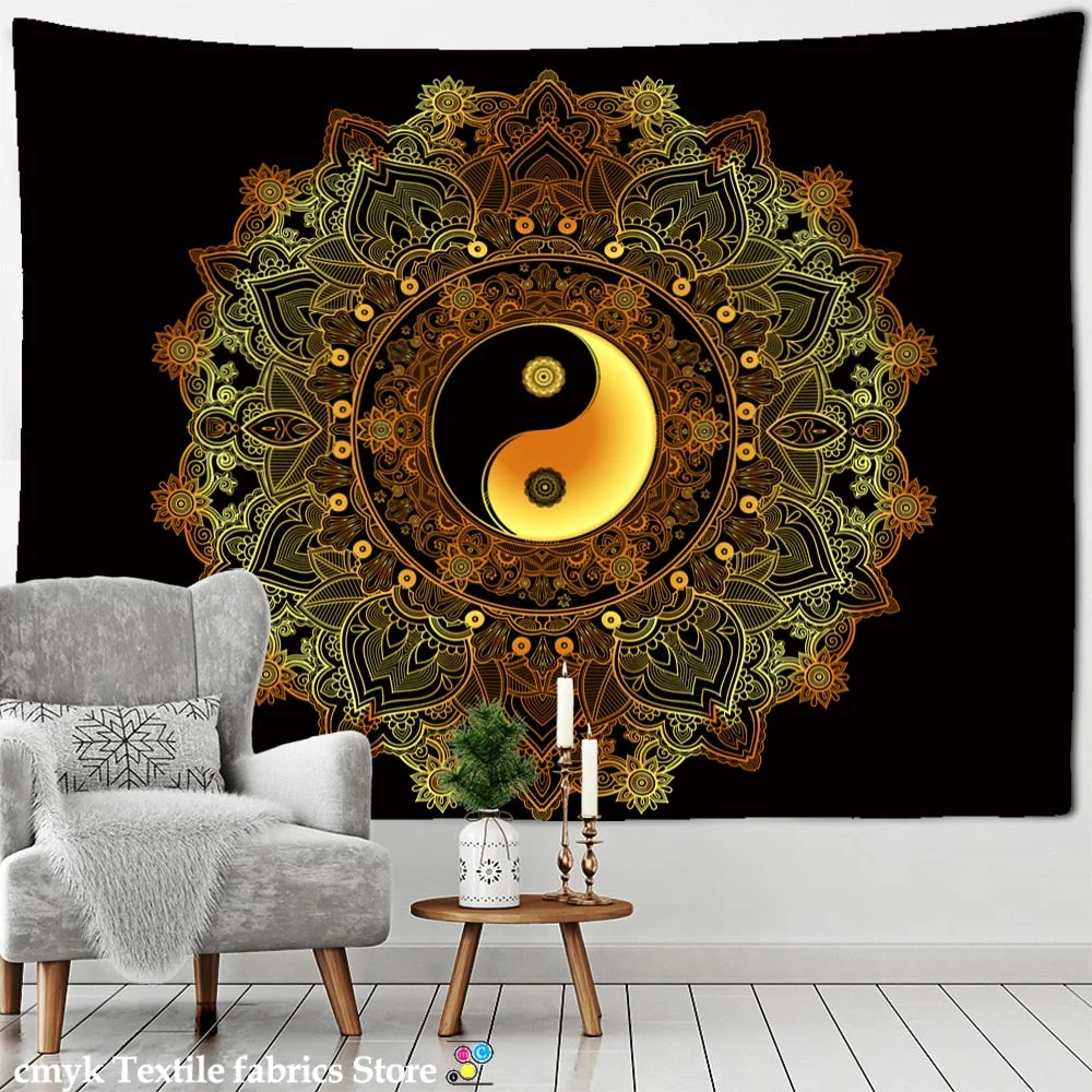 Mandala Pattern Tapestry Psychedelic Tai Chi Wall Hanging Dark Hippie Aesthetics Room Dormitory Living Home Decor