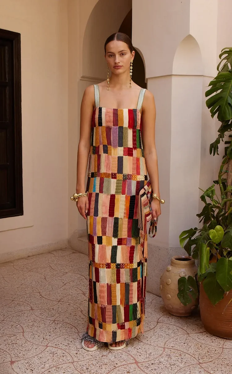 Majorelle Embellished Linen And Silk Midi Dress Majorelle Embellished Linen And Silk Midi Dress