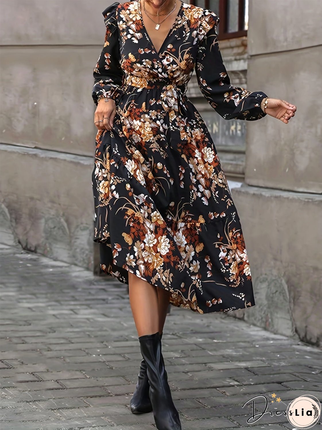 Ruffled Printed Surplice Long Sleeve Midi Dress