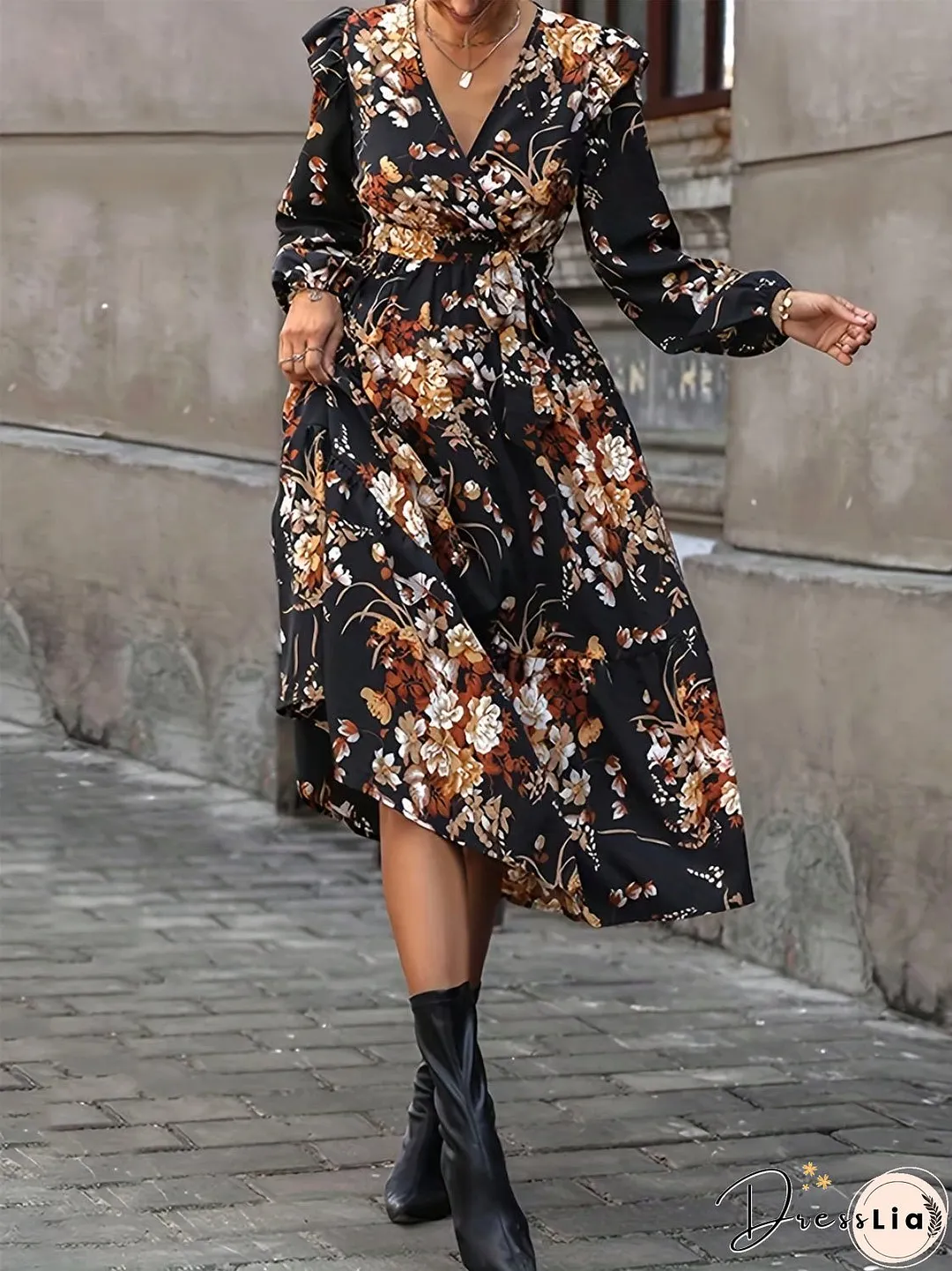 Ruffled Printed Surplice Long Sleeve Midi Dress