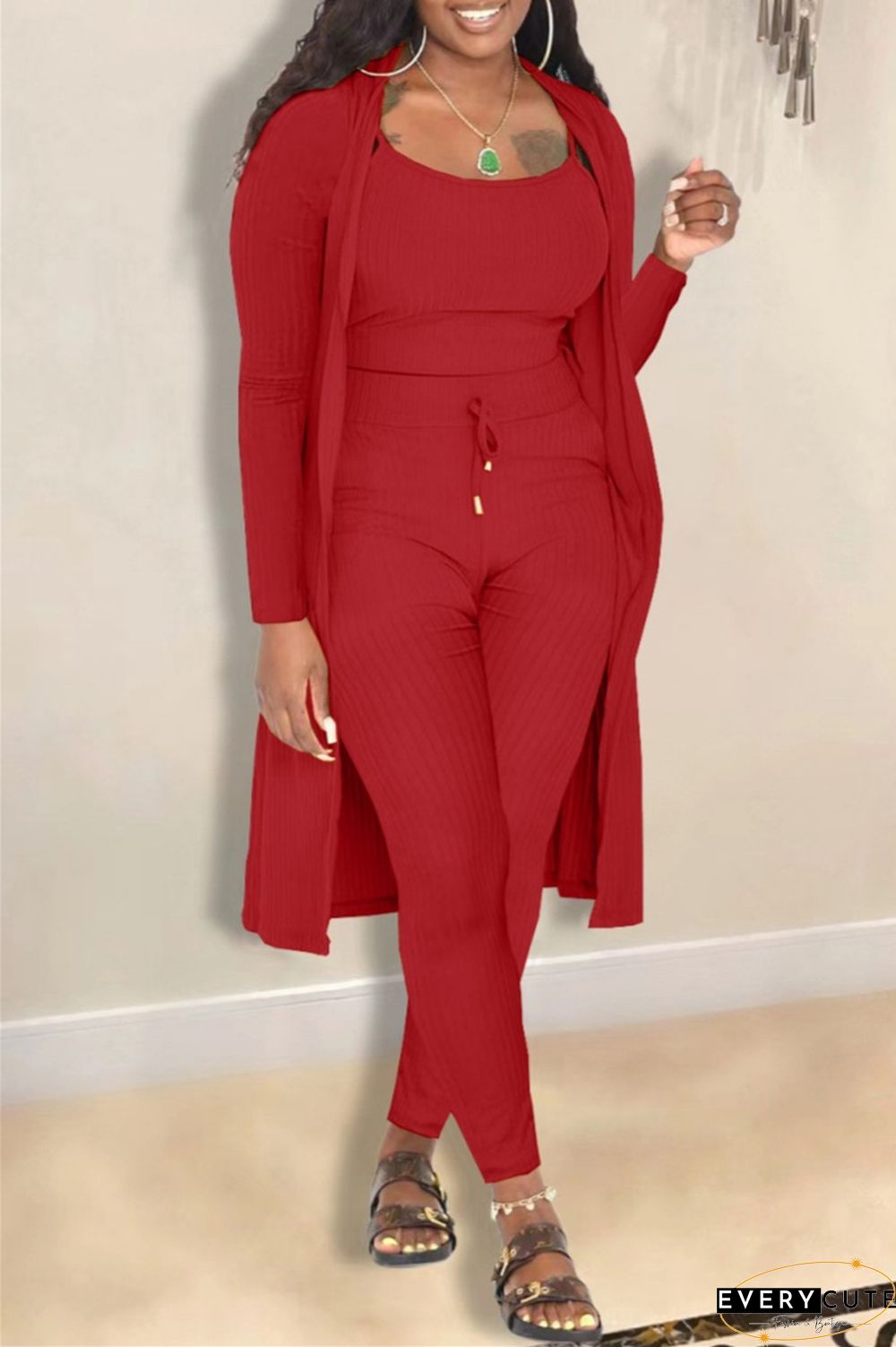 Casual Solid Cardigan Vests Pants Long Sleeve Three Piece Set