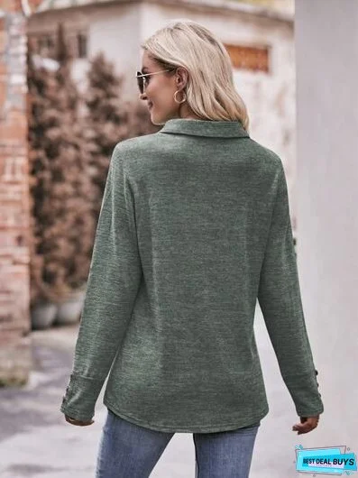 Decorative Button Johnny Collar Long Sleeve Blouse