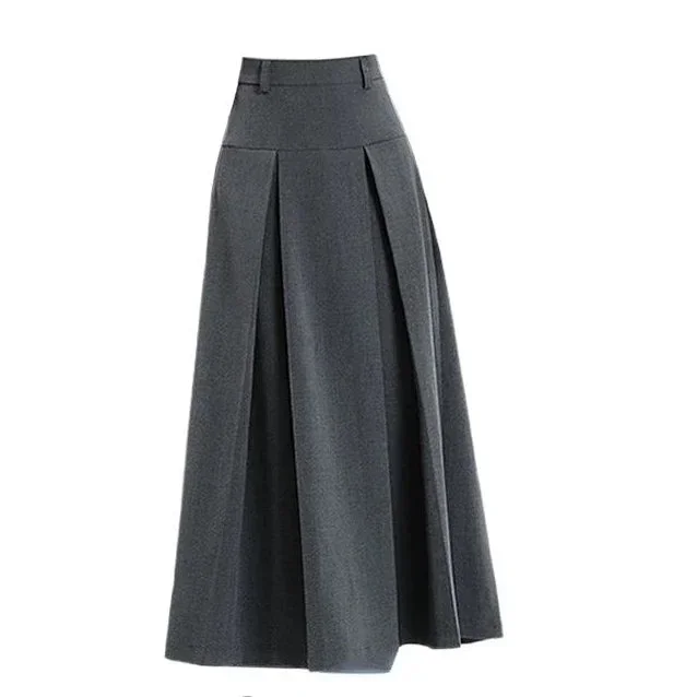 Huibahe Vintage Grey Pleated Long Skirt Women Spring Summer College Style High Waist A-line Midi Skirt Korean Style Clothes