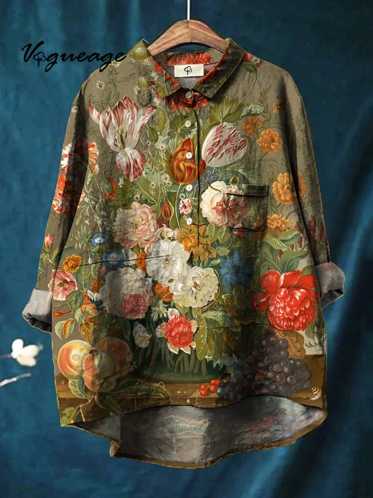 Elegant And Dignified Oil Painting Of Plants And Flowers Print Cotton And Linen Shirt