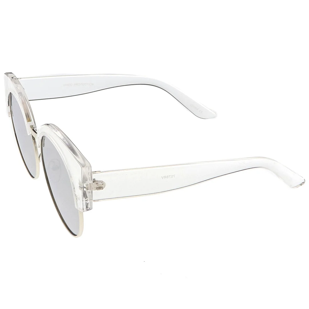 Women's Half Frame Oversize Cat Eye glasses Round Mirrored Flat Lens 59mm