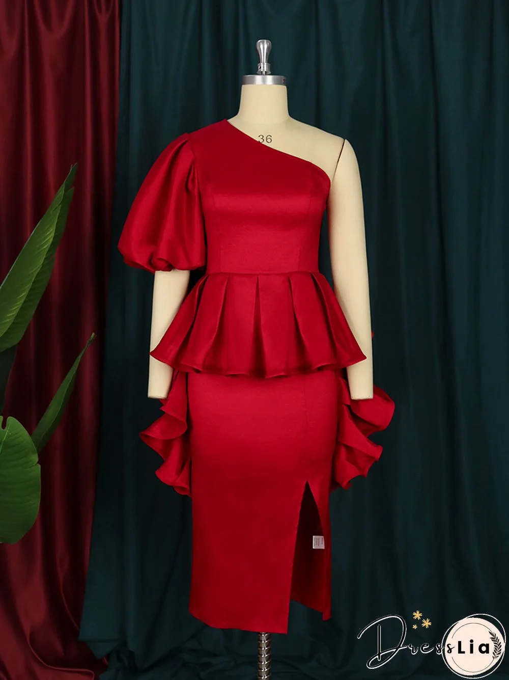 Summer Women Party Dresses Bodycon Ruffles Puff Sleeve Tunics One Shoulder Bright Red Dress Big Size Celebrity Event Outfits