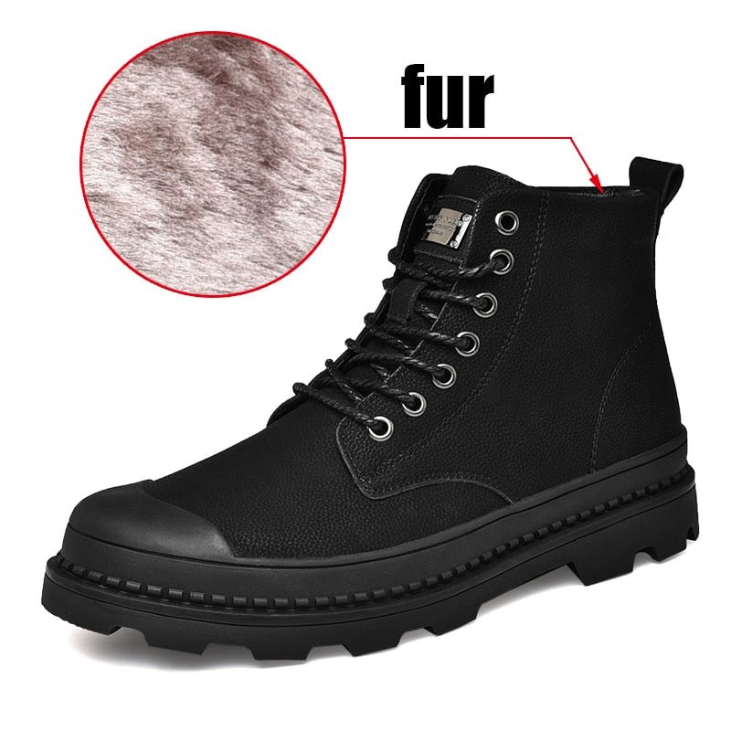 Winter Men Boots Genuine Leather Ankle Boots Black Warm Winter Work Casual Shoes Men Outdoors Military Fur Snow Boots for Men