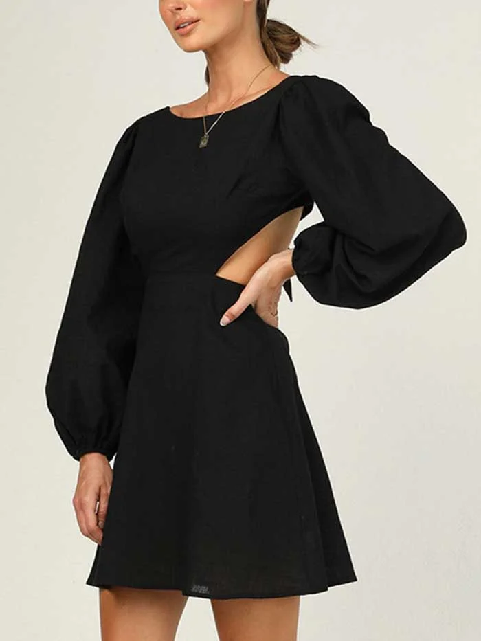 Round Neck Sexy Halter Lantern Sleeve Long Sleeve Tie High Waist Dress