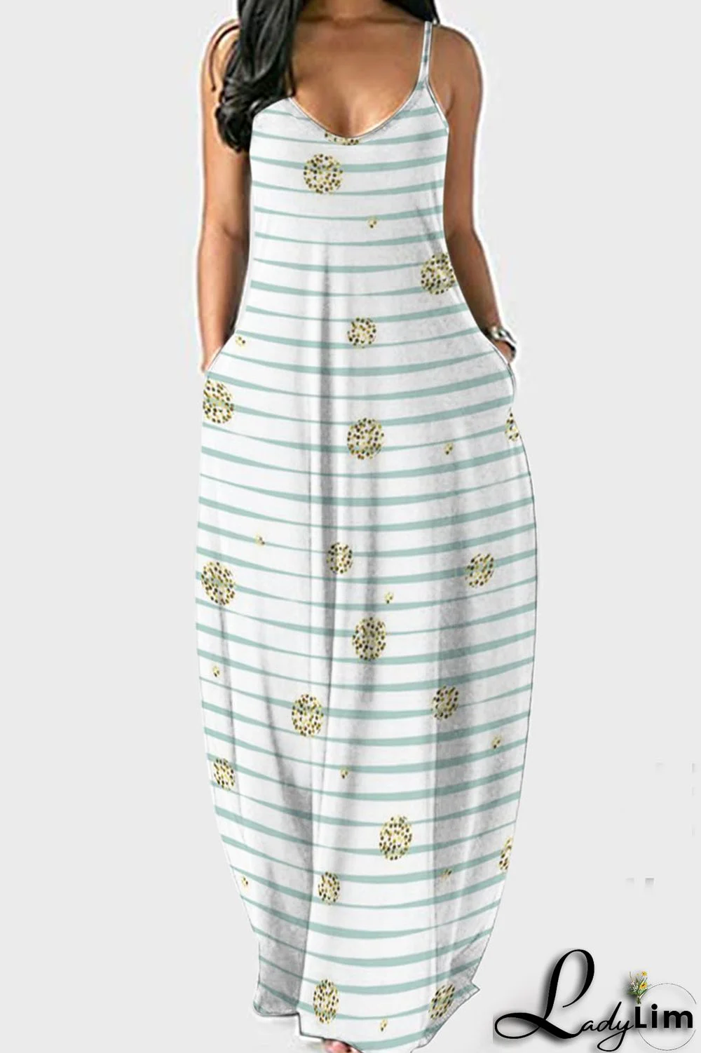 Light Green Casual Striped Print Patchwork Spaghetti Strap Sling Dress Dresses