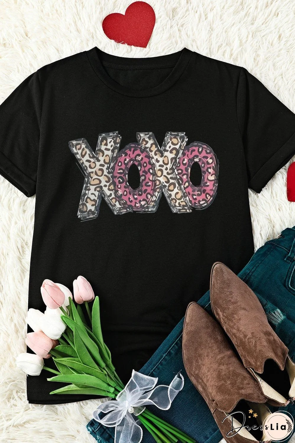 Black and Leopard Print XOXO T-Shirt, Casual Wear