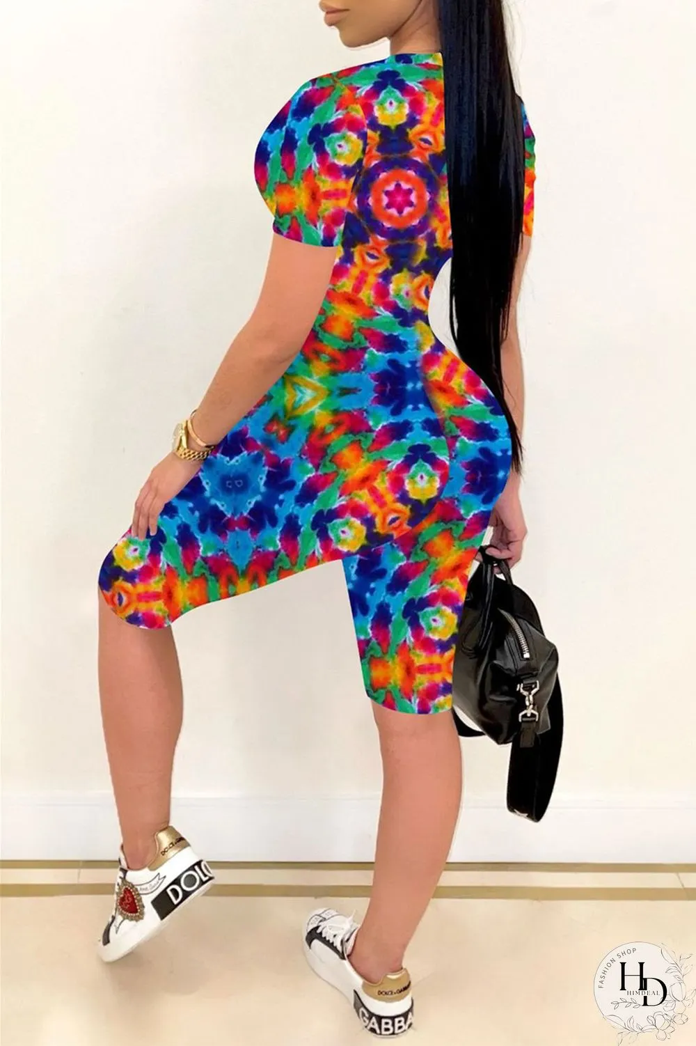 Purple Fashion Casual Print Tie Dye Ripped V Neck Skinny Romper