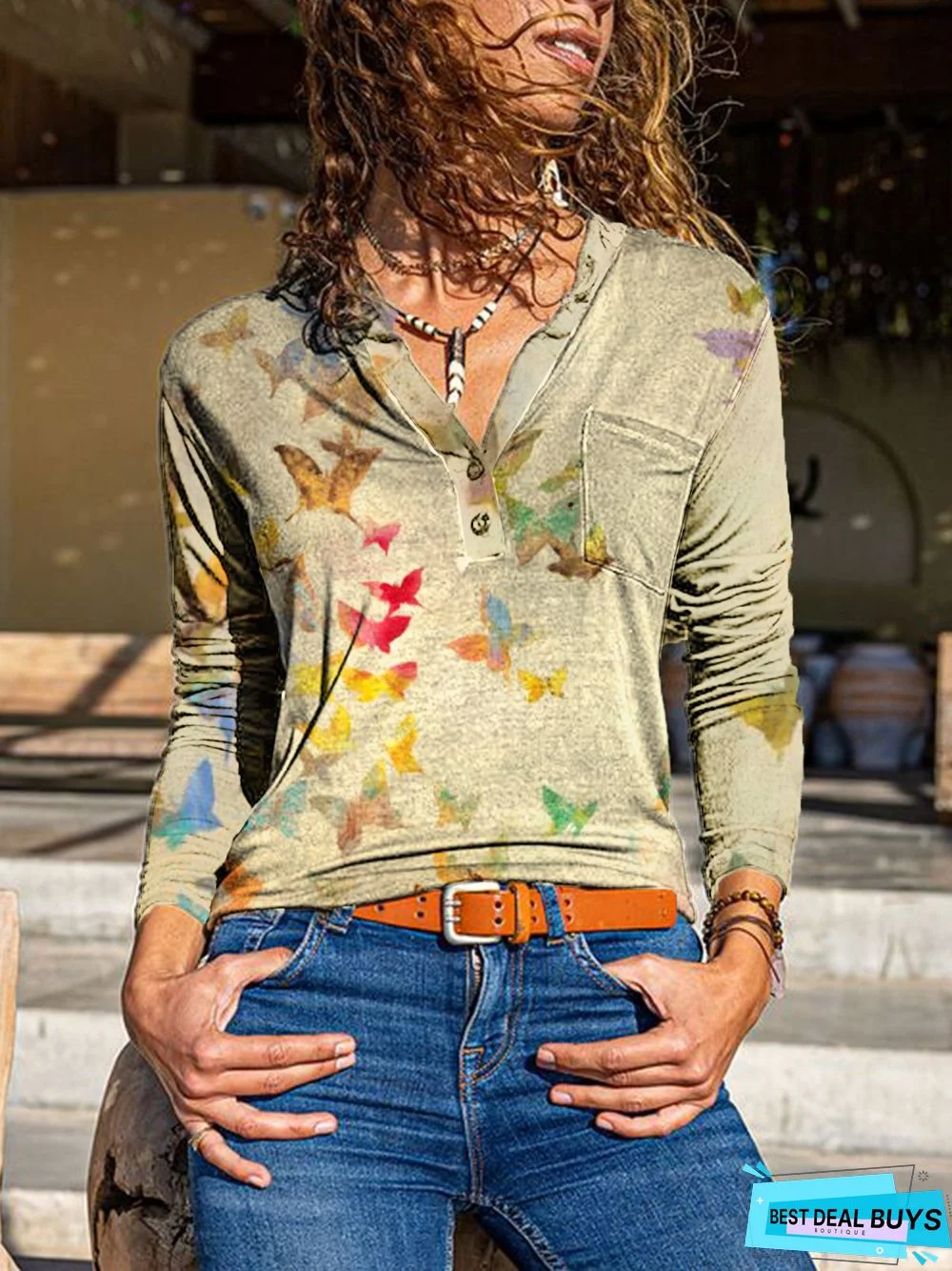 Butterfly Boho Long Sleeve Jersey Shift T-shirt