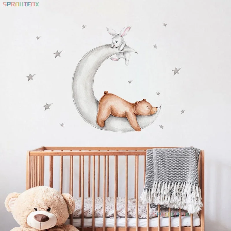 Cartoon Animal Bunny Bear Wall Sticker For Kids Room Baby Girl Room Sleeping on the Moon Stickers Nursery Bedroom Kids Stickers
