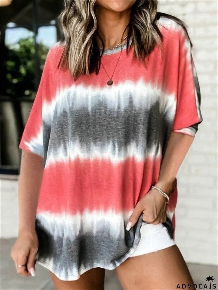 Round Neck Short Sleeve Plus Size Women's Tie-dye T-shirts