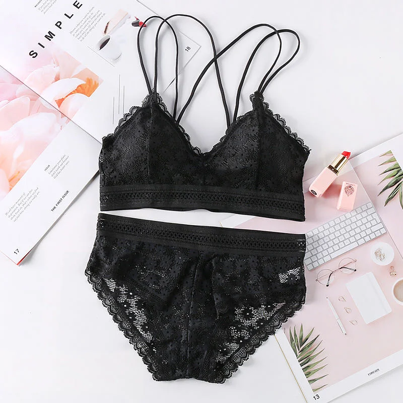 French style sexy ladies lace pierced steel sports bra beauty back wrapped chest comfortable stretch bra triangle cup underwear