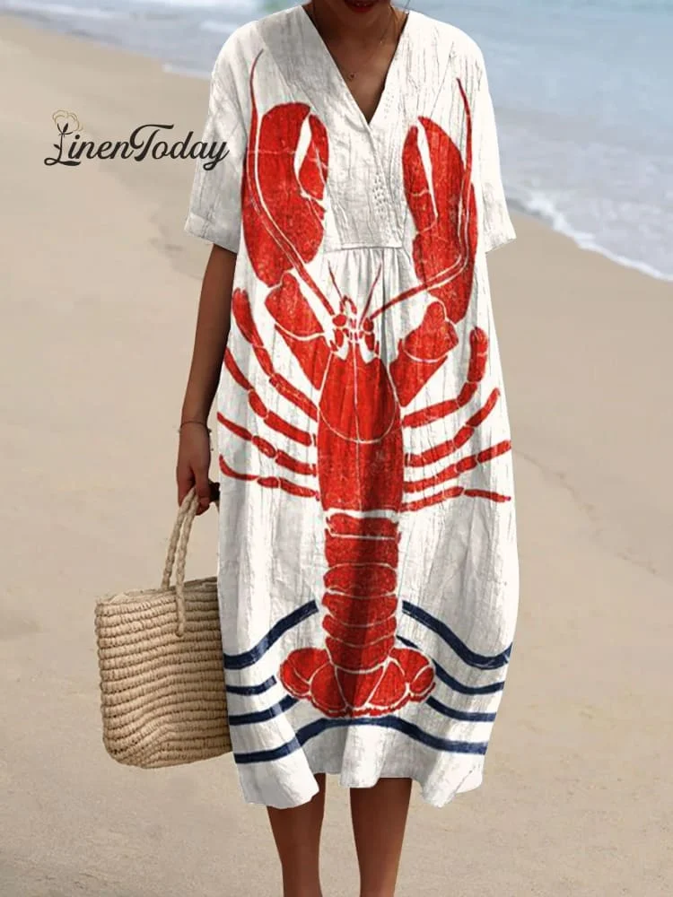 Women's Vintage Lobster Art Print Flowy Dress