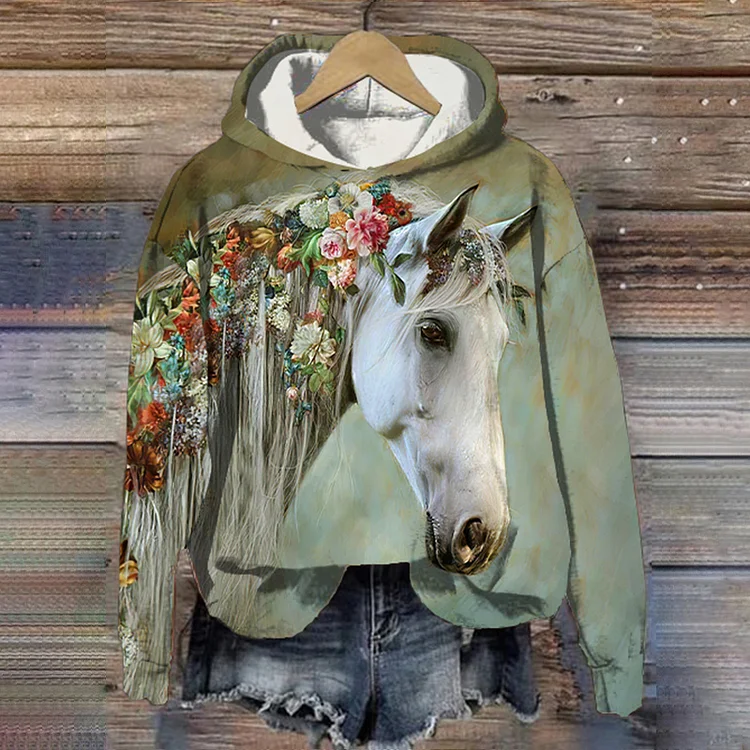 Wearshes Vintage Western Horse And Floral Print Long Sleeve Hoodie