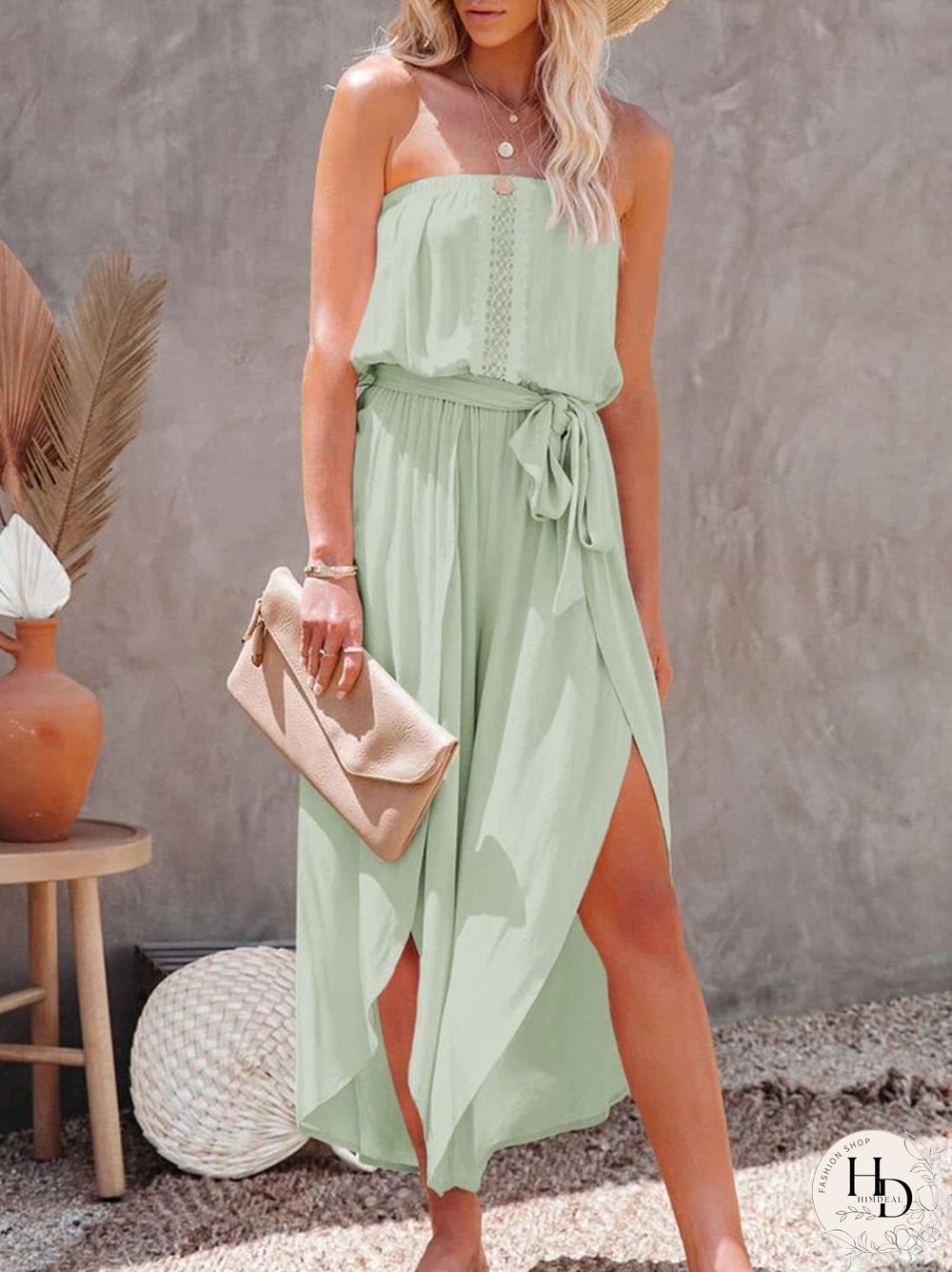 Women Off Shoulder Solid Rompers Casual Backless Elastic Waist Lace Up Overalls Elegant OL Ladies Long Trouser Summer Jumpsuits