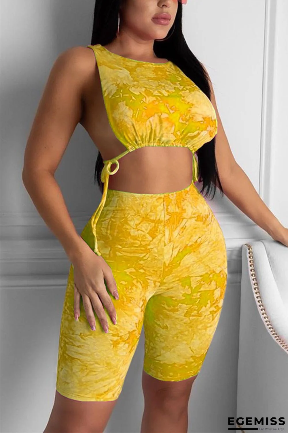 Yellow Fashion Sexy adult Ma'am Patchwork Print Two Piece Suits pencil Sleeveless Two Pieces | EGEMISS