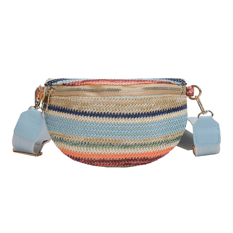 Rainbow Striped Chest Bag Fashion Straw Woven Waist Bag Colorful Soft for Work