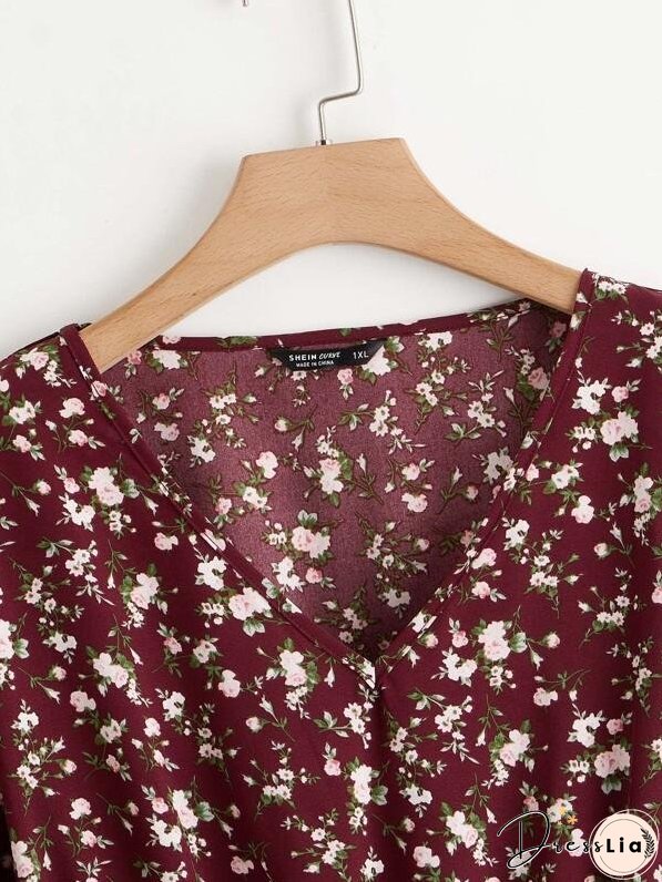 Plus Ditsy Floral Print Shirred Waist Blouse