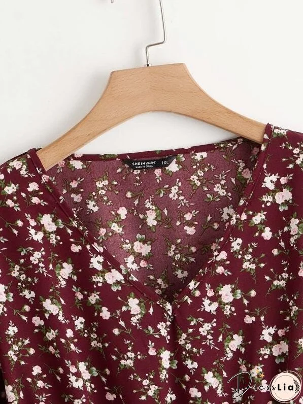 Plus Ditsy Floral Print Shirred Waist Blouse