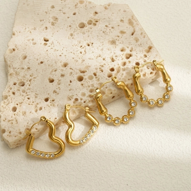 1 Piece Minimalist Oval Heart Shape Inlay 304 Stainless Steel Rhinestones 18K Gold Plated Hoop Earrings