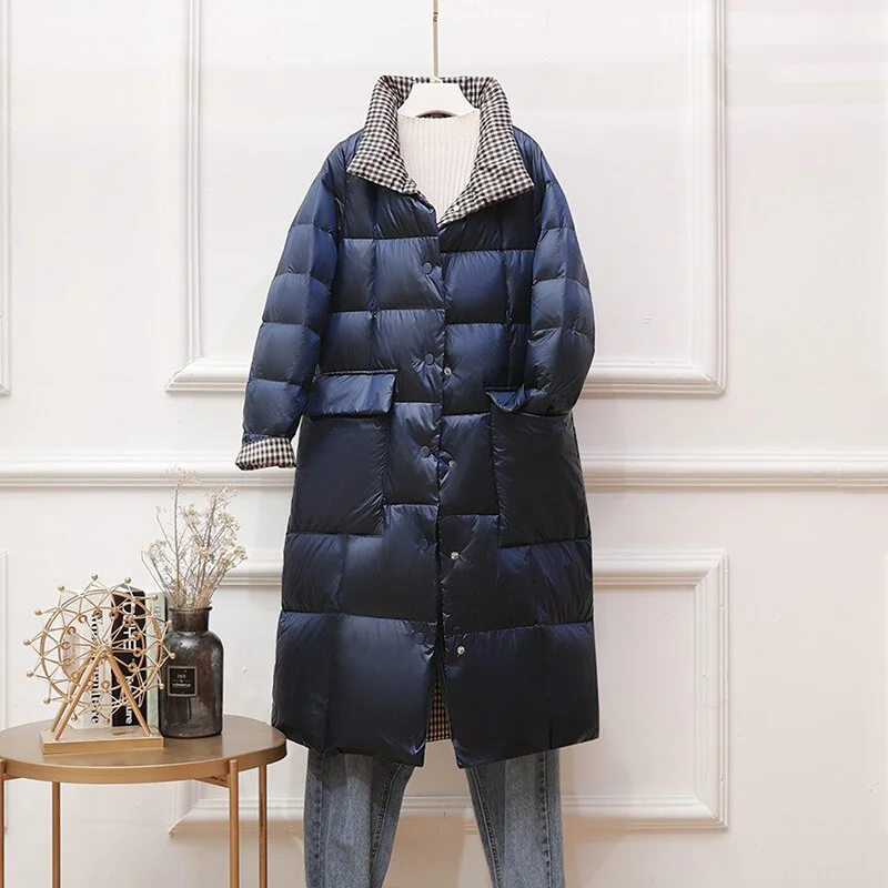 FTLZZ Women Double Sided Down Long Jacket Winter Stand Collar 90% White Duck Down Coat Single Breasted Thick Warm Snow Outwear