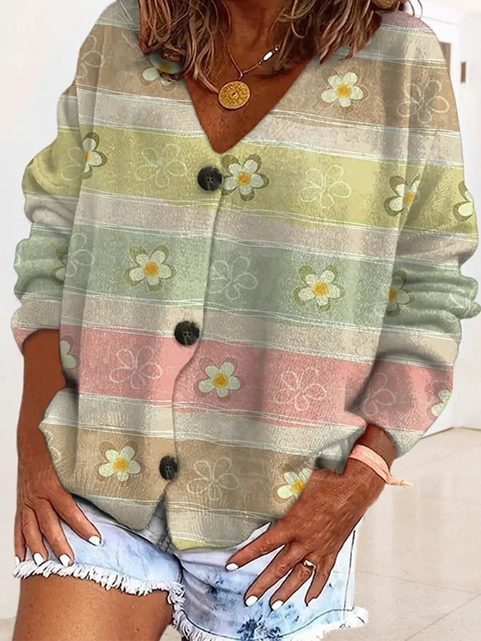 Fashionable Printed Casual Loose Buttoned Flannel Cardigan