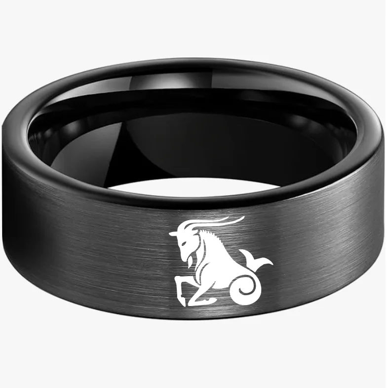 Men Women Black Capricorn Tungsten Carbide Rings Couple Wedding Band Flat Comfort Fit 4MM 6MM 8MM Width