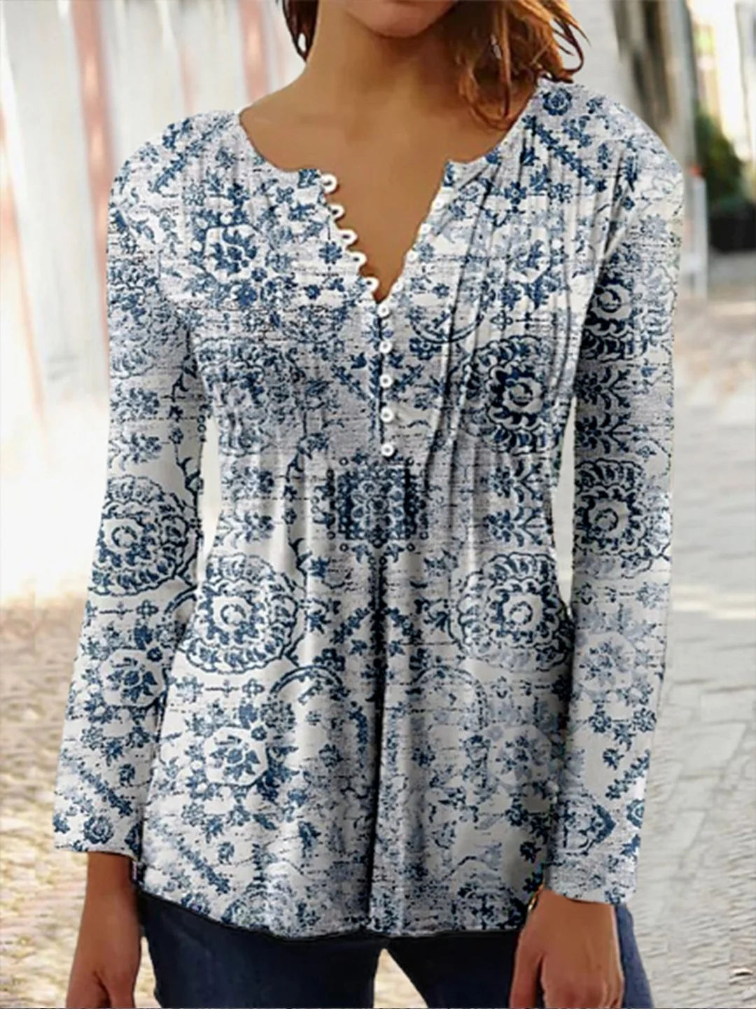 Casual Ethnic Notched Long sleeve Top TUNIC