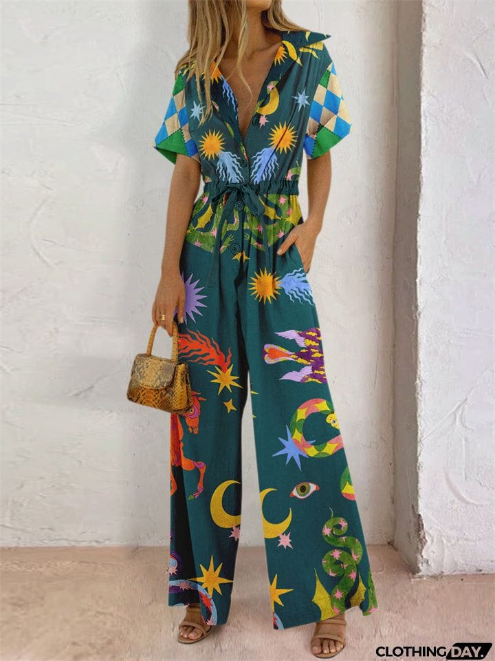 Women's Cozy Linen Print Lapel Half Sleeve Drawstring Jumpsuit