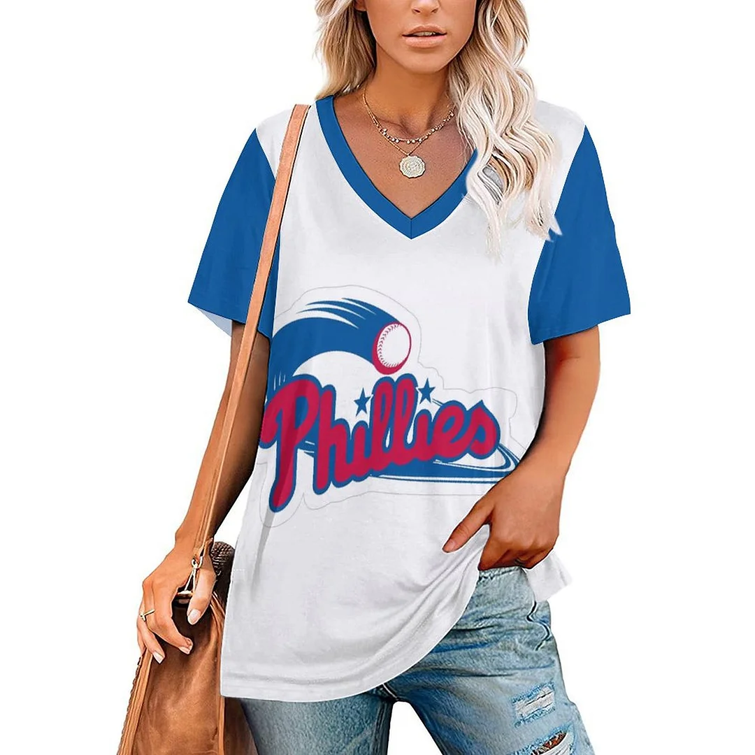 V-neck Short Sleeve Casual T-shirt for  Women Printed with Pattern Philadelphia Phillies, Blue, Red