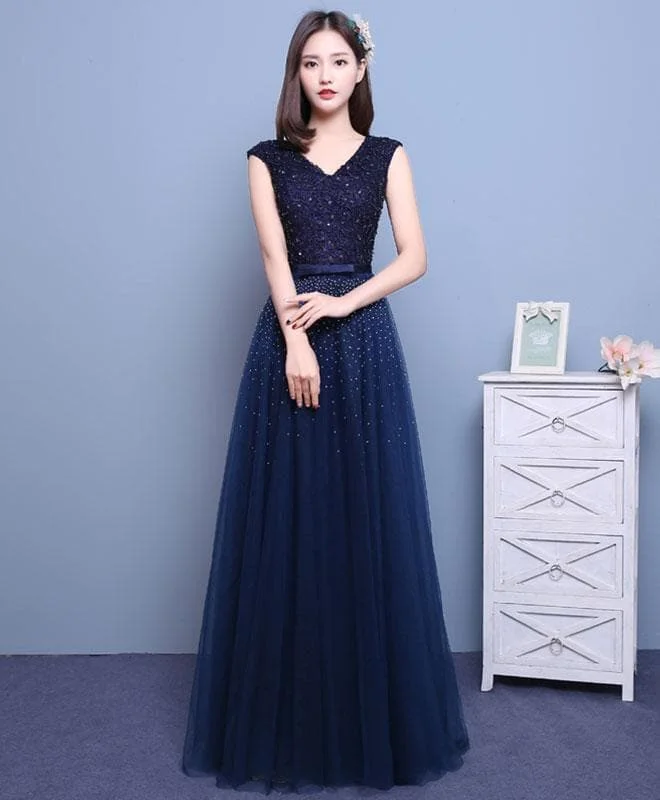 Blue V Neck Long Prom Dress, Blue Evening Dress