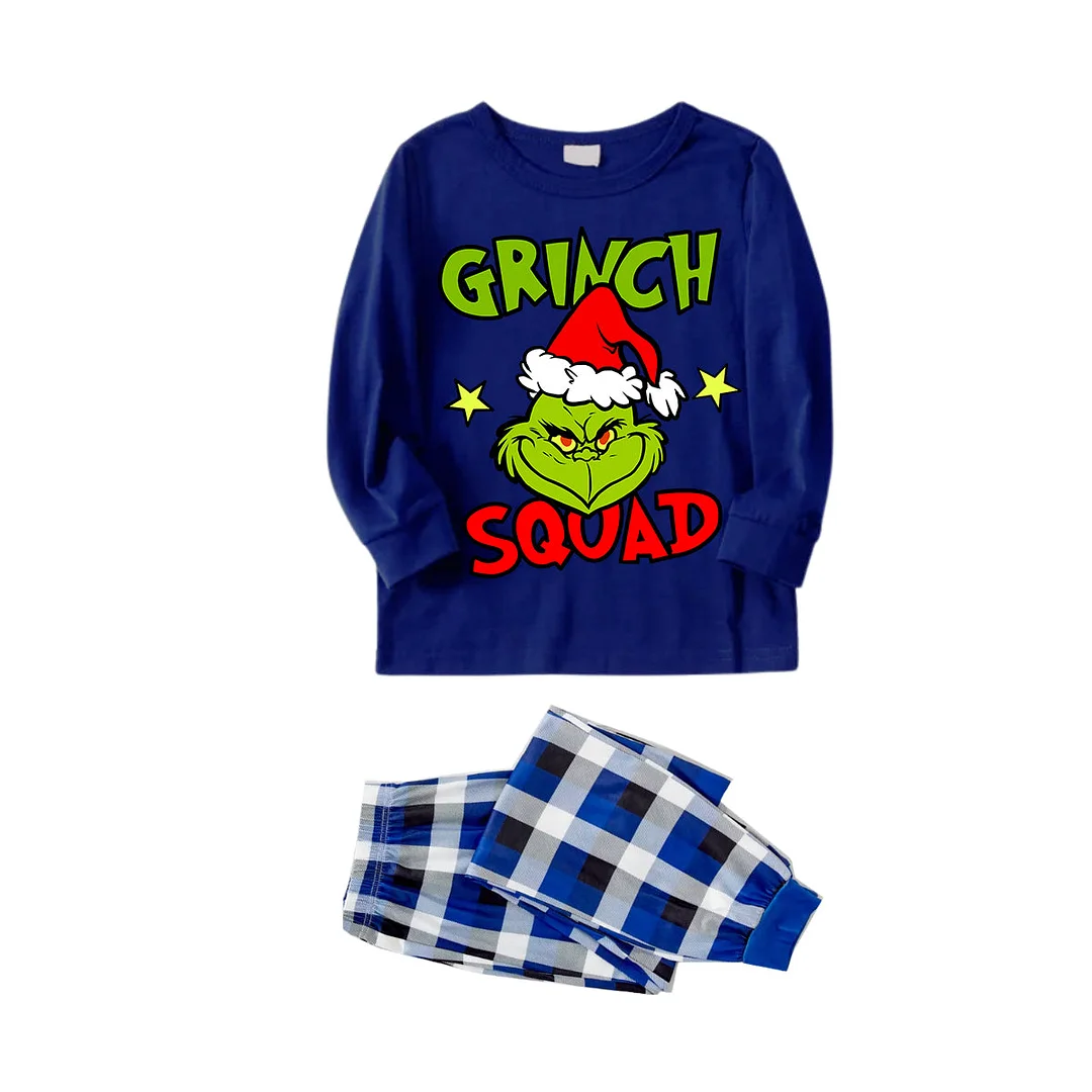 Cute Cartoon and Funny Christmas Slogan Print Contrast Blue Long Sleeve with Blue and White Plaid Pants Family Matching Pajamas