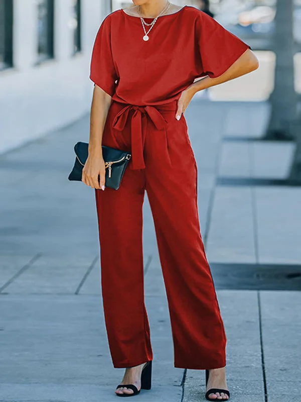 Loose Short Sleeves Ribbed Solid Color Round-Neck Jumpsuits