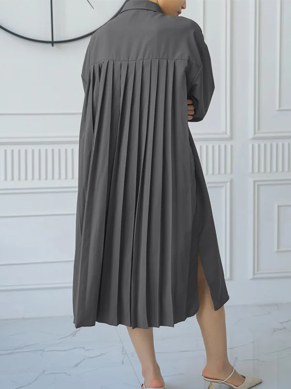 Loose Three-quarter Sleeves Buttoned Split-side Lapel Midi Dresses Shirt Dress