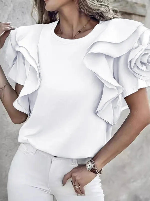 Ruffled Round Neck Cap Sleeve T-Shirt main image 0