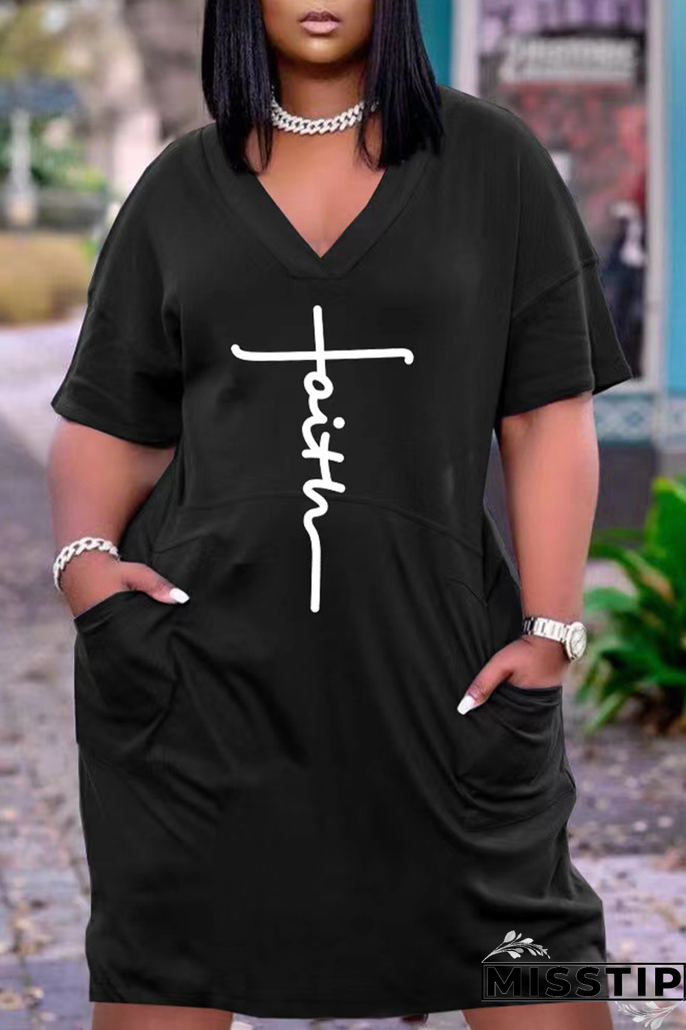 Black Casual Print Patchwork V Neck Straight Dresses