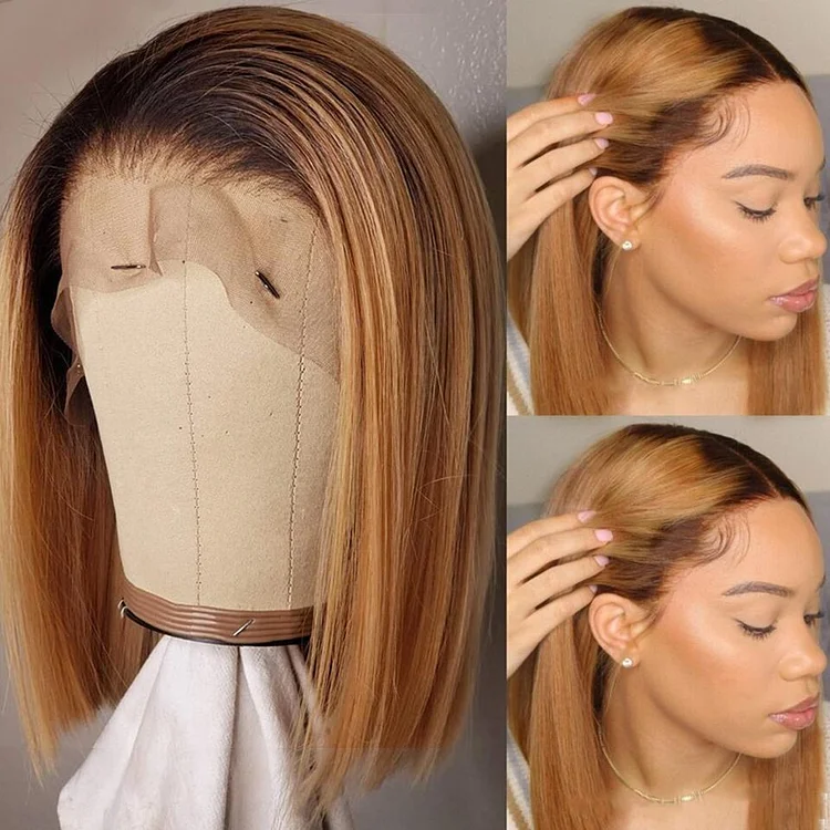 200% Silky Straight Black Roots Ombre Honey Brown Lace Frontal Bob Wig