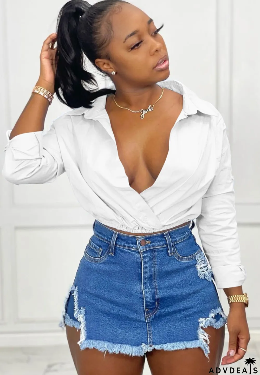 Autumn White Deep-V Sexy Wrap Cropped Blouse