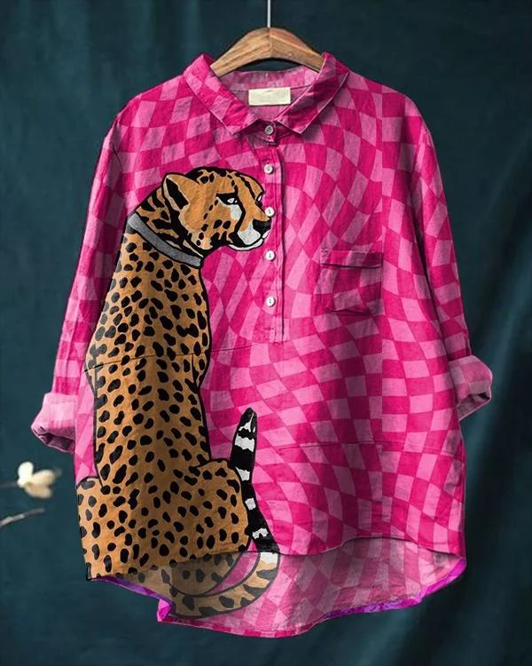 Women's Leopard Art Print Casual Cotton And Linen Shirt