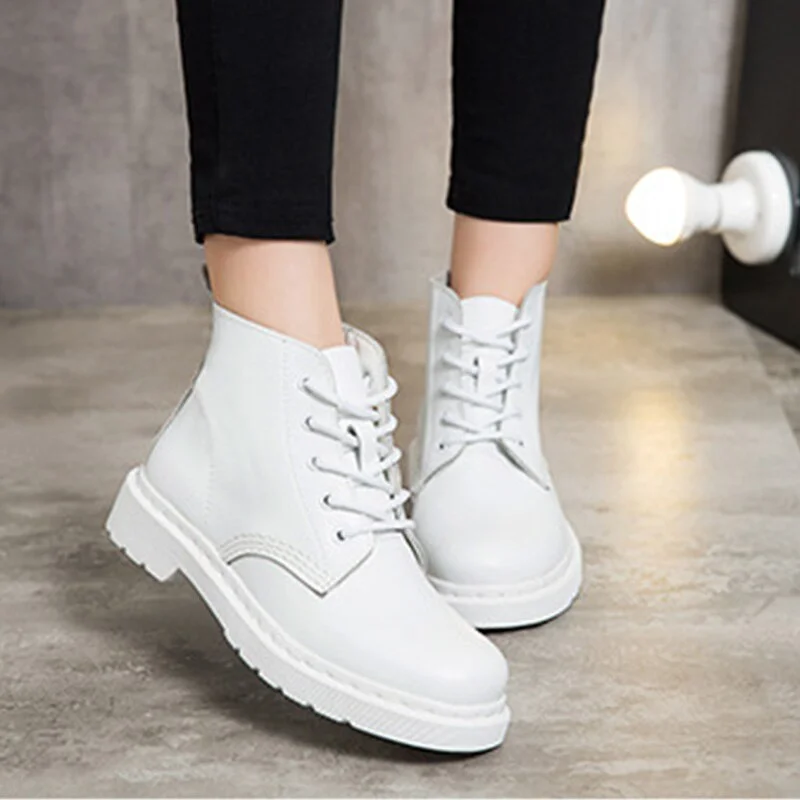 Fashion Solid White Women Ankle Boots Autumn Winter Split Leather Platform Shoes Female Non-Slip Punk Ladies Motorcycle Boots