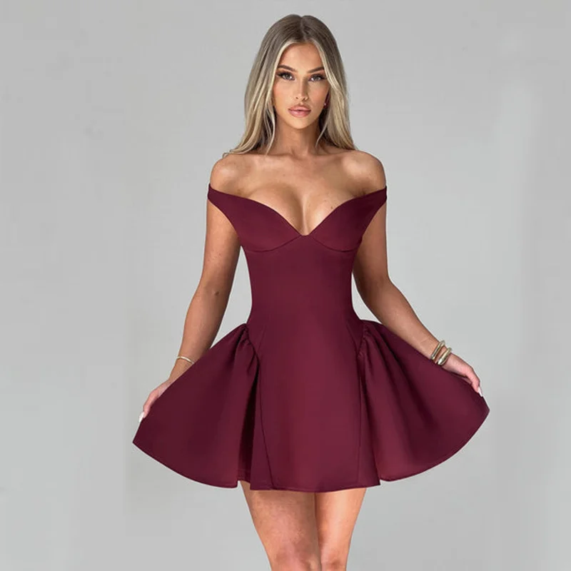 Uveng Uveng Women's Fall 2024 New Sexy V Neck Low Cut Hot Girl Show Back Solid Color Slim Dress Dress